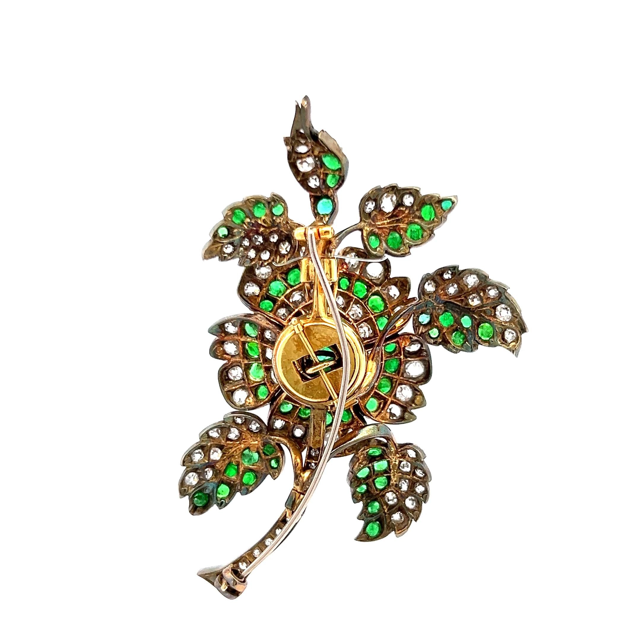 3.72ct Old European Cut Diamond & 2.45ct Emerald Brooch in 18K White Gold/Silver