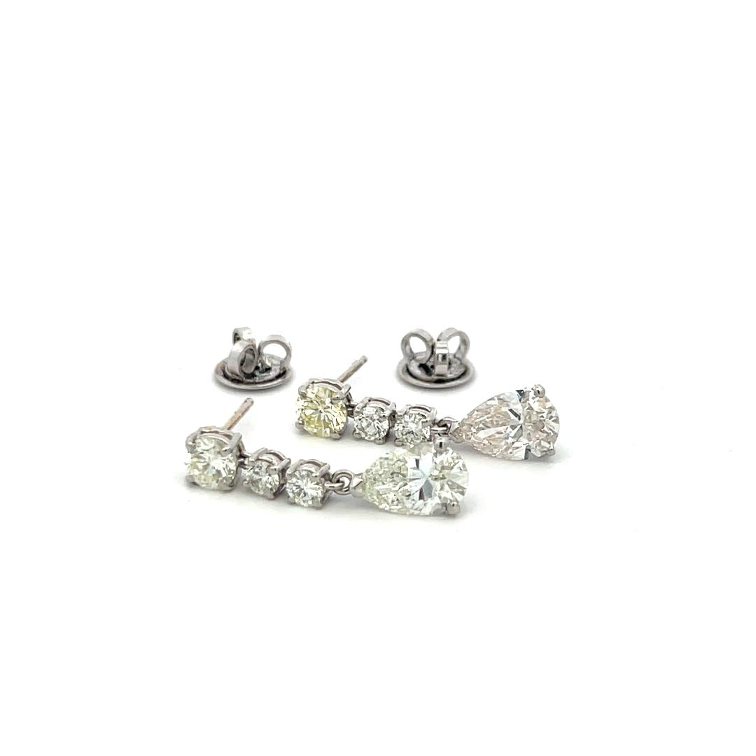 Platinum Drop Earrings with 4.25 Carat Round & Pear Diamonds J SI GIA