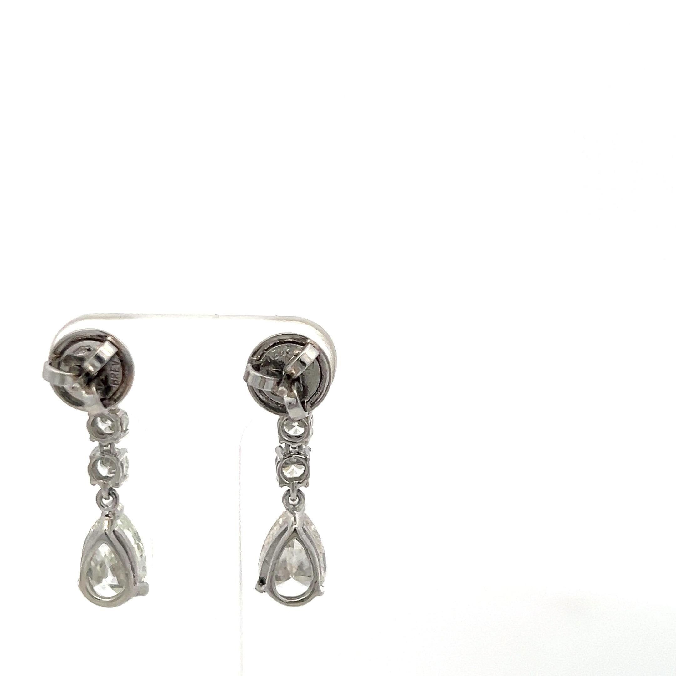 Platinum Drop Earrings with 4.25 Carat Round & Pear Diamonds J SI GIA