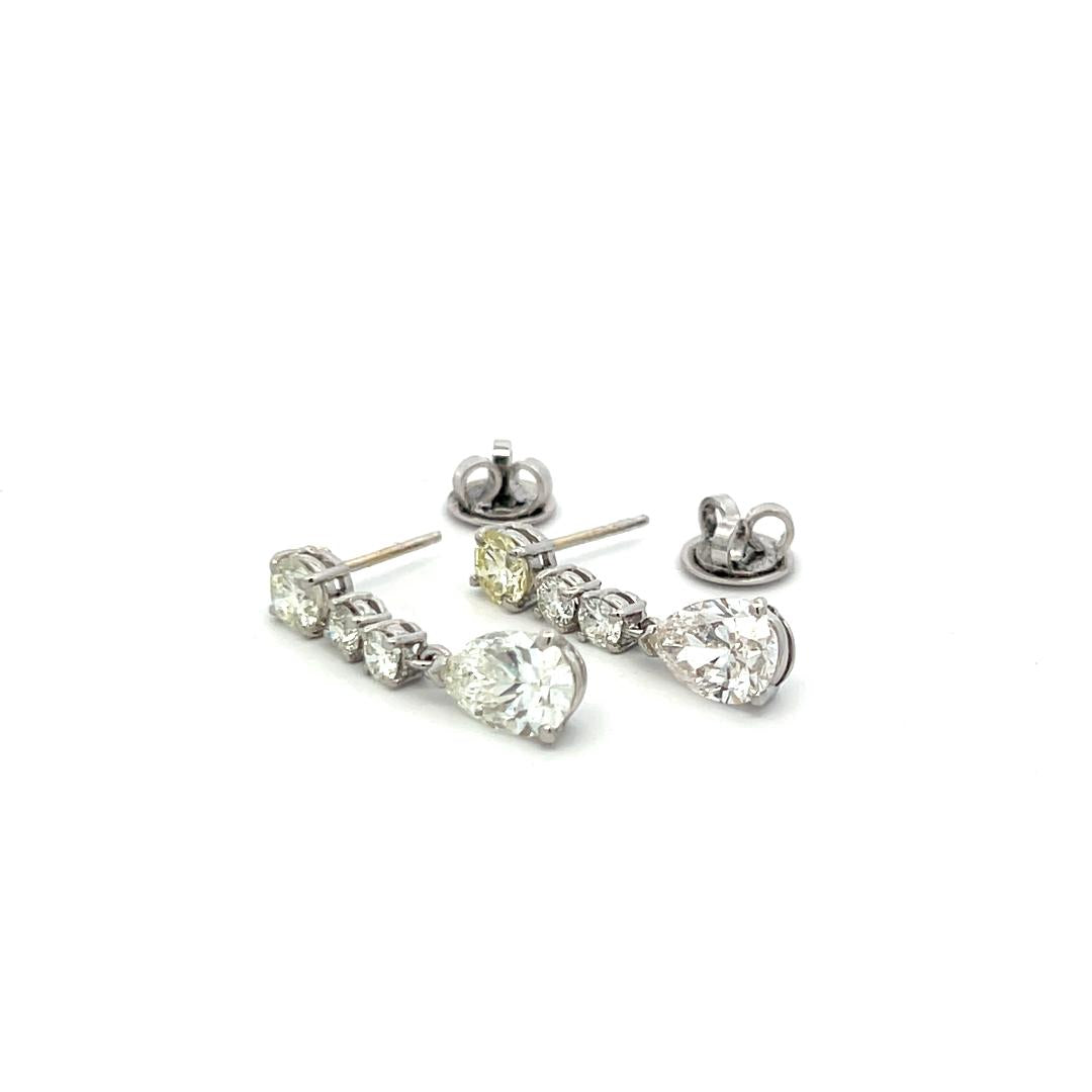 Platinum Drop Earrings with 4.25 Carat Round & Pear Diamonds J SI GIA