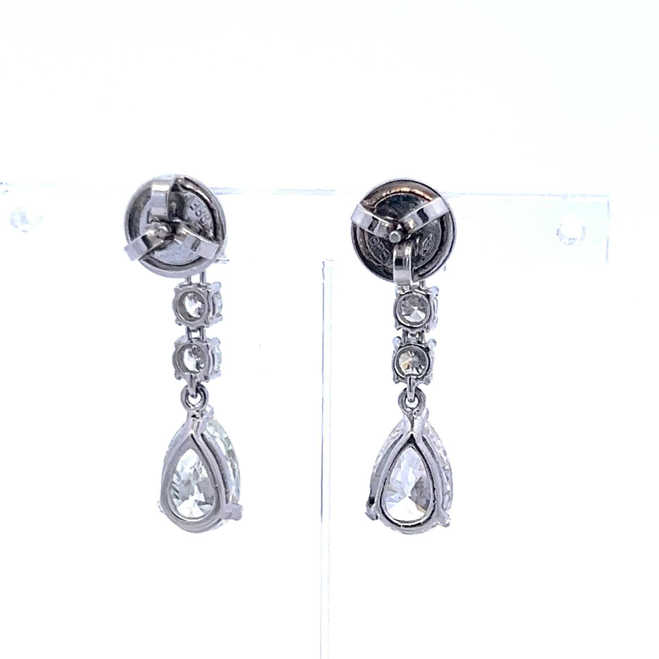 Platinum Drop Earrings with 4.25 Carat Round & Pear Diamonds J SI GIA