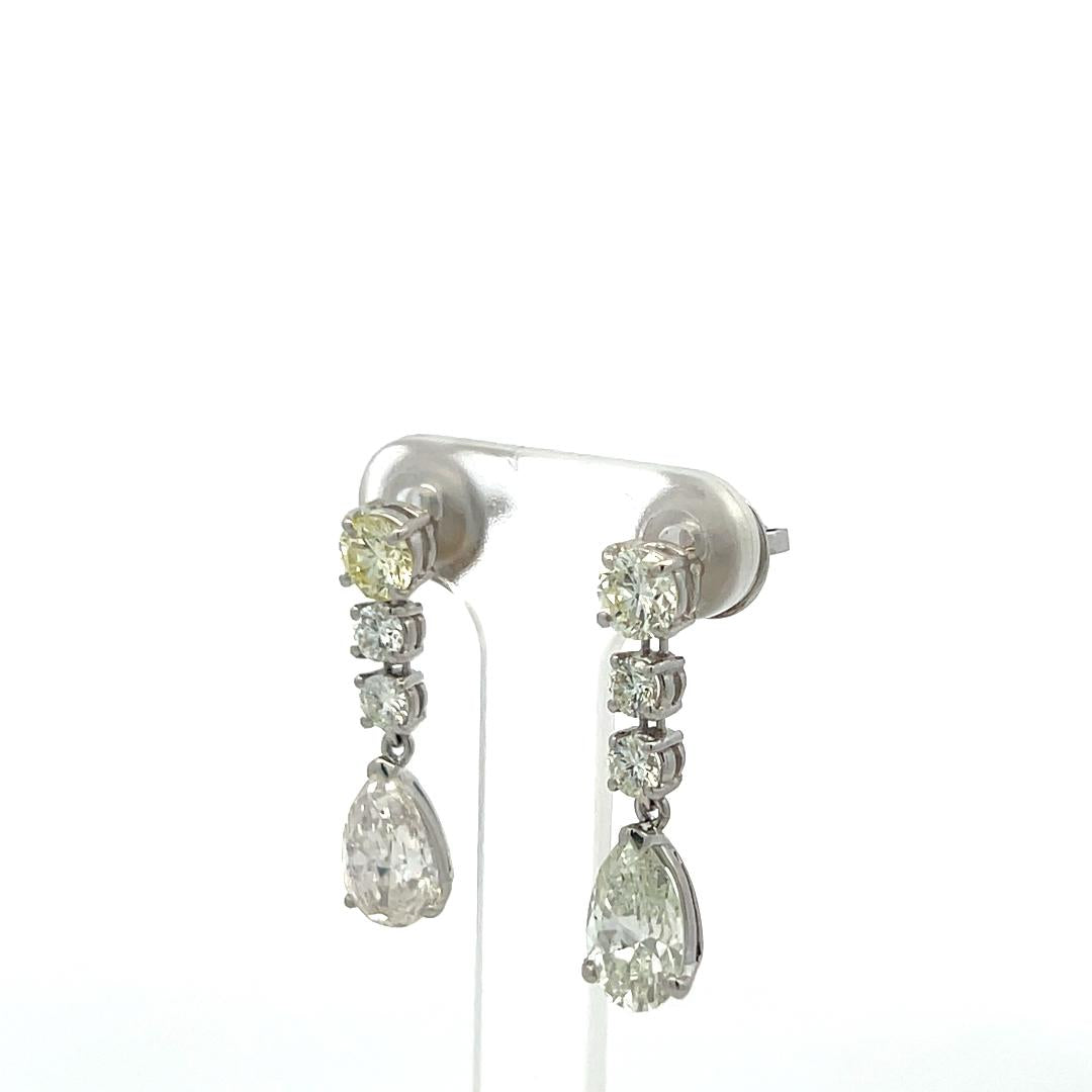 Platinum Drop Earrings with 4.25 Carat Round & Pear Diamonds J SI GIA