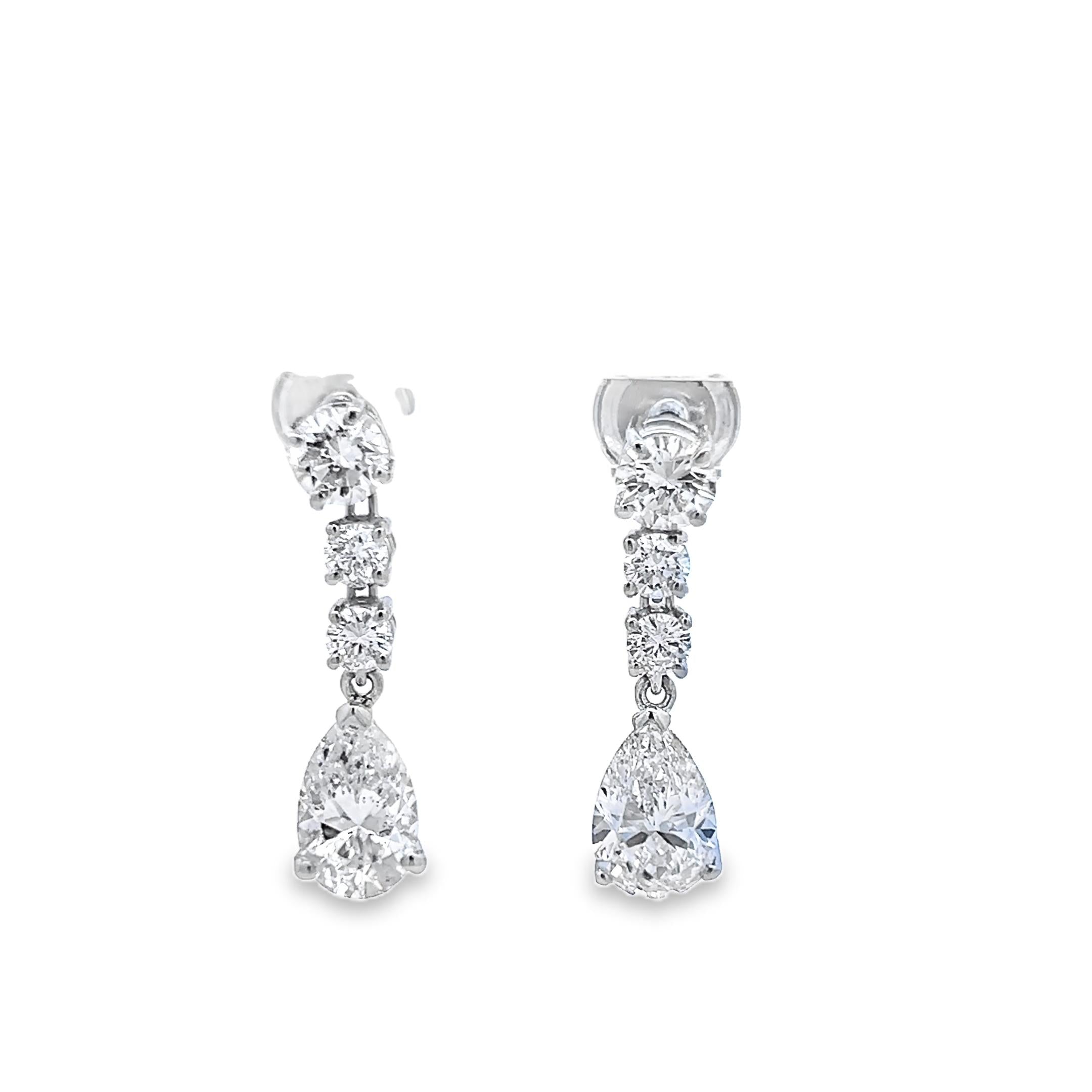 4.25 Carat Pear & Round Brilliant J SI Diamond Platinum Drop Earrings