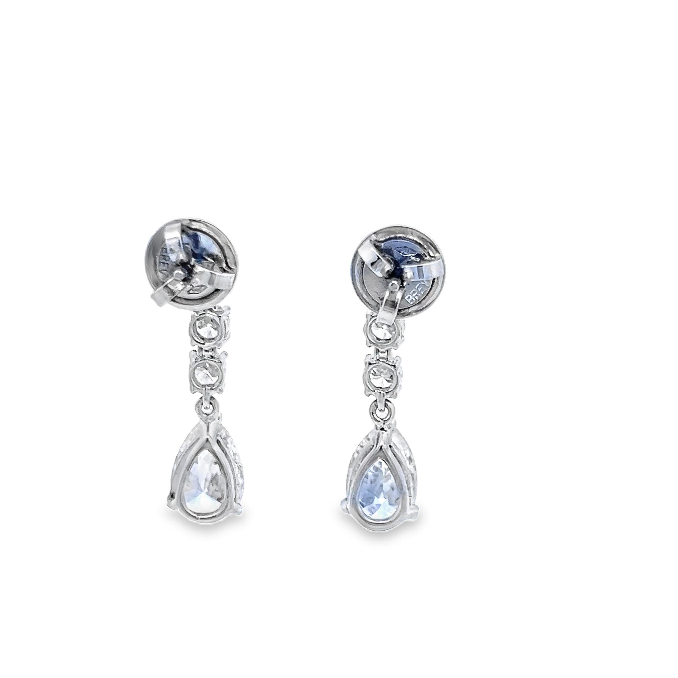 Platinum Drop Earrings with 4.25 Carat Round & Pear Diamonds J SI GIA