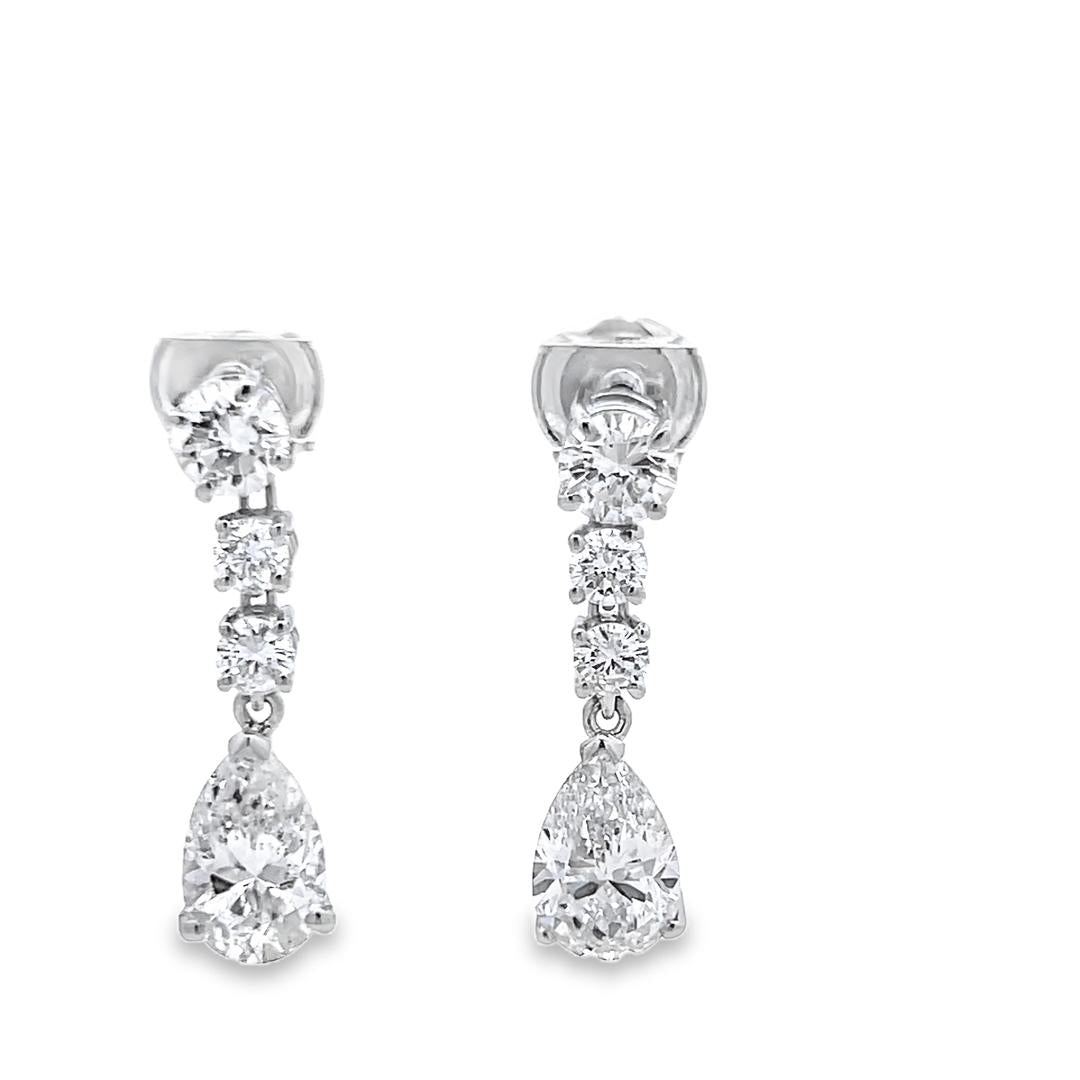 4.25 Carat Pear & Round Brilliant J SI Diamond Platinum Drop Earrings