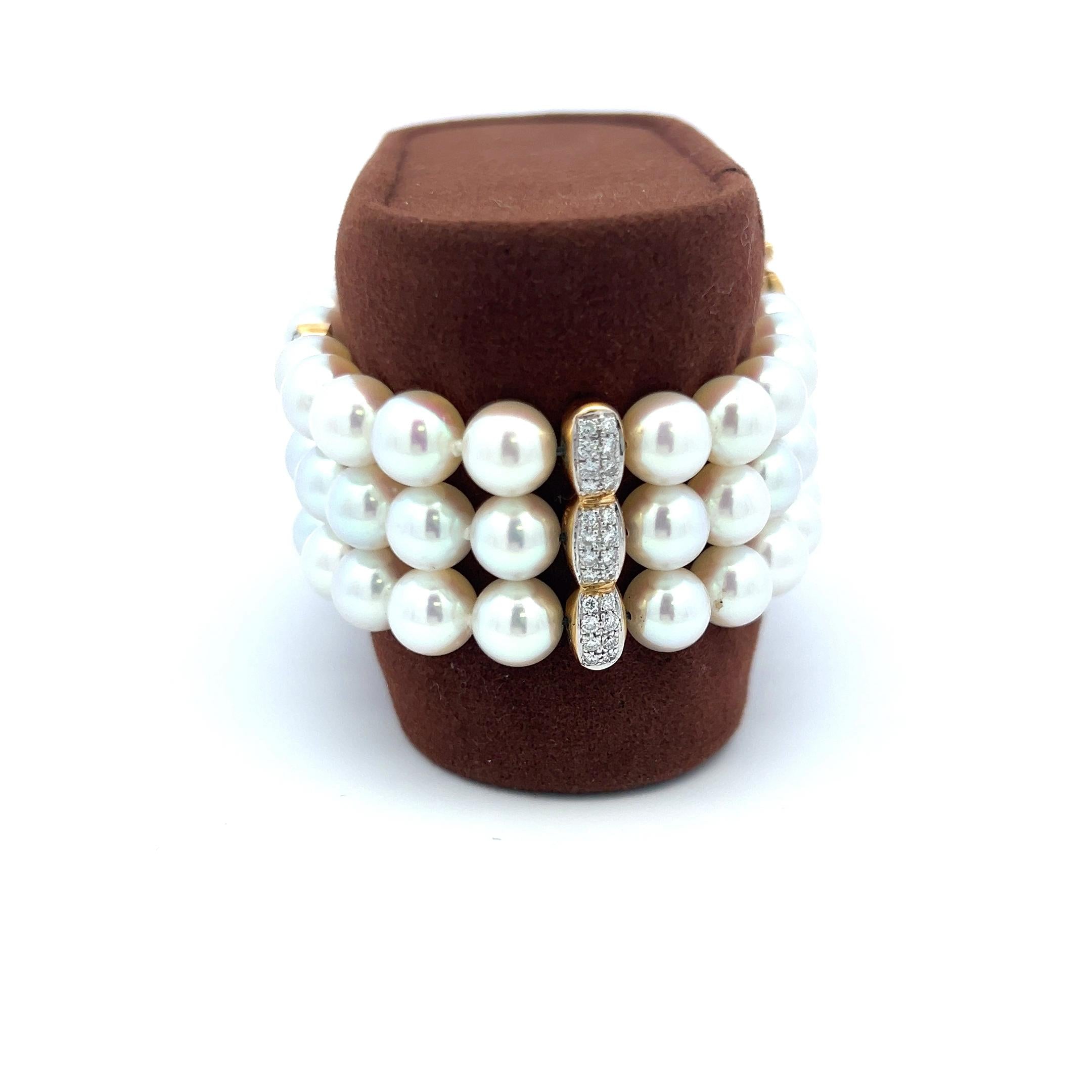 Mikimoto 18K YG Bead Bracelet with 0.68 Carat Diamonds and 6.5-6.9 MM Pearl