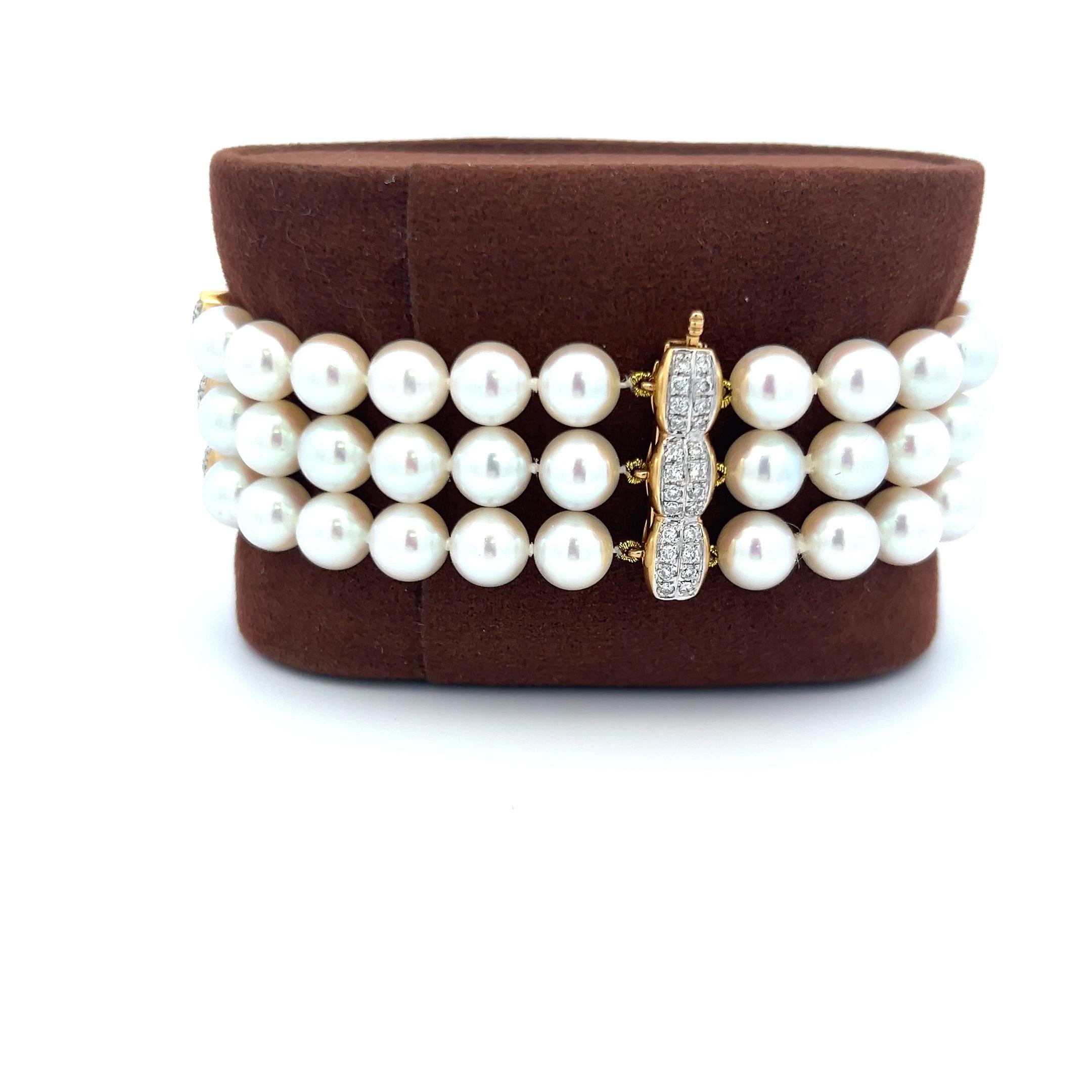 Mikimoto 18K YG Bead Bracelet with 0.68 Carat Diamonds and 6.5-6.9 MM Pearl