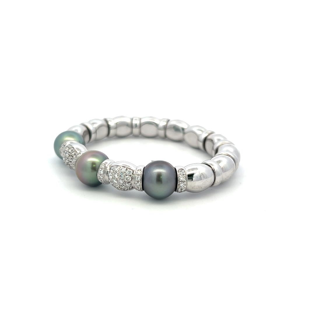 18K WG Bangle Bracelet with 2.5 Carat Round I SI Diamonds and 11.2-11.6mm Pearls