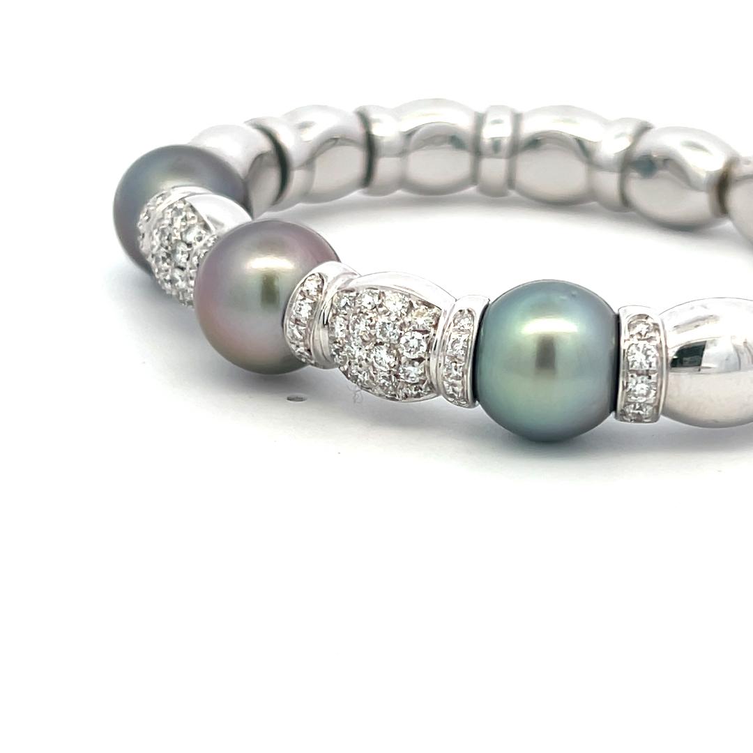 18K WG Bangle Bracelet with 2.5 Carat Round I SI Diamonds and 11.2-11.6mm Pearls