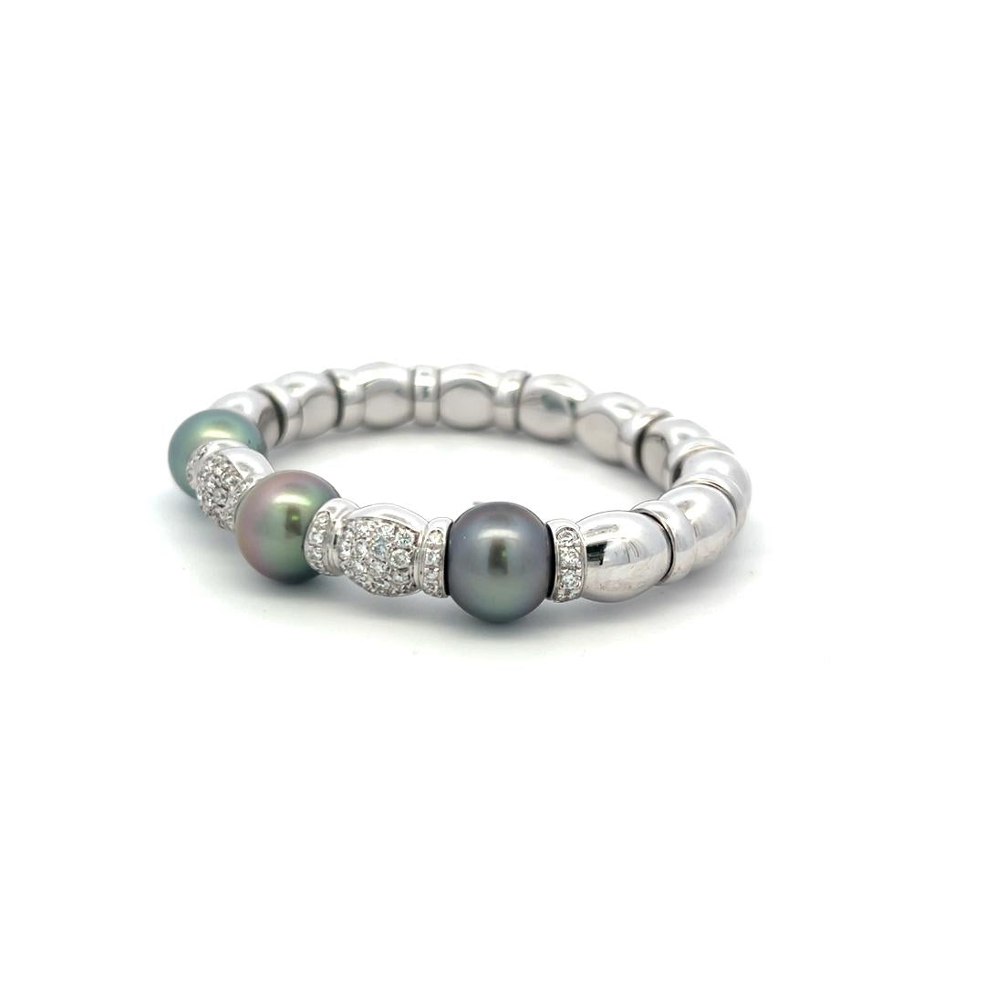 18K WG Bangle Bracelet with 2.5 Carat Round I SI Diamonds and 11.2-11.6mm Pearls