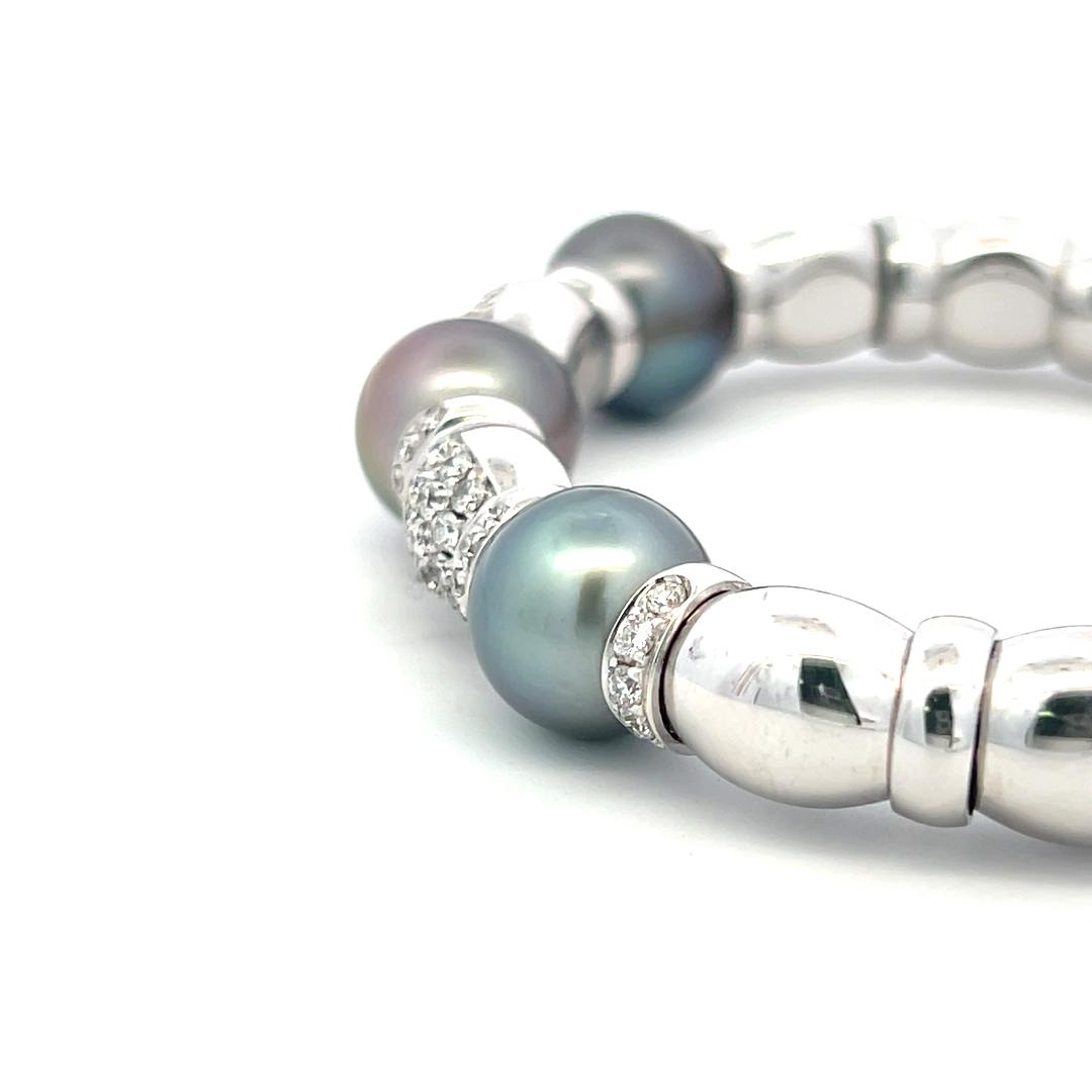 18K WG Bangle Bracelet with 2.5 Carat Round I SI Diamonds and 11.2-11.6mm Pearls