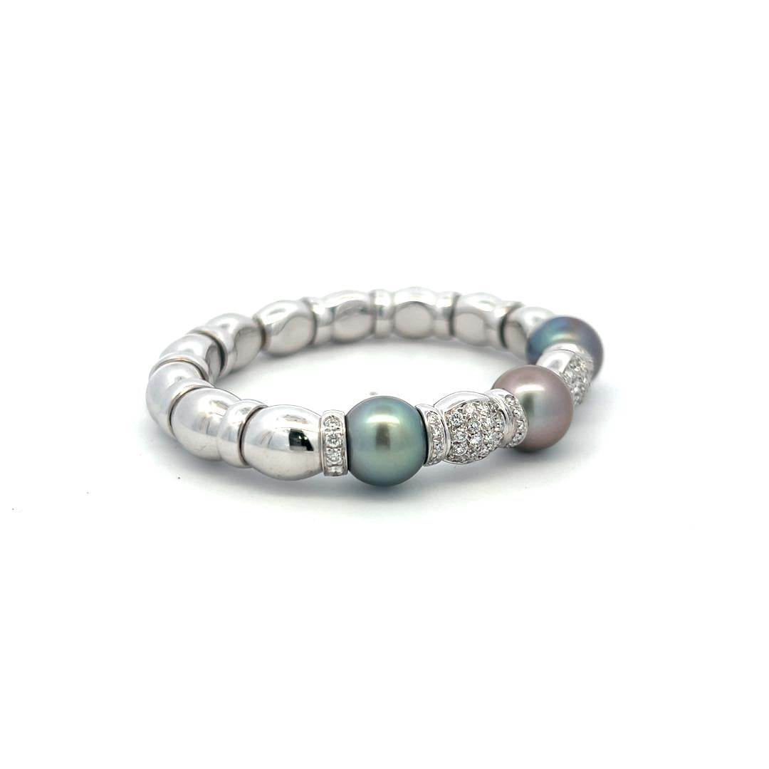 18K WG Bangle Bracelet with 2.5 Carat Round I SI Diamonds and 11.2-11.6mm Pearls