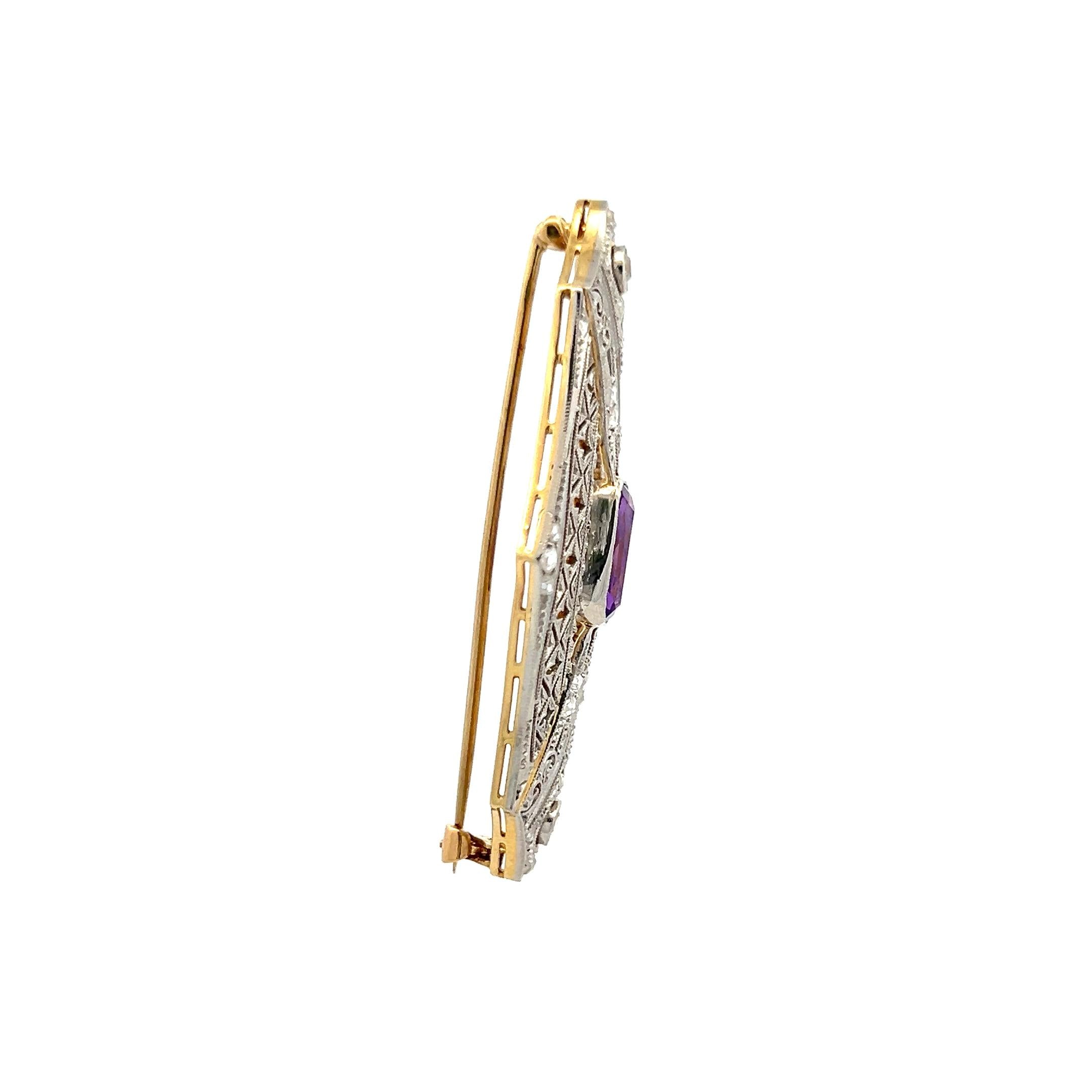 2.50 Carat Amethysts 0.35 Carat Old European Cut Diamond Platinum Pin Brooch