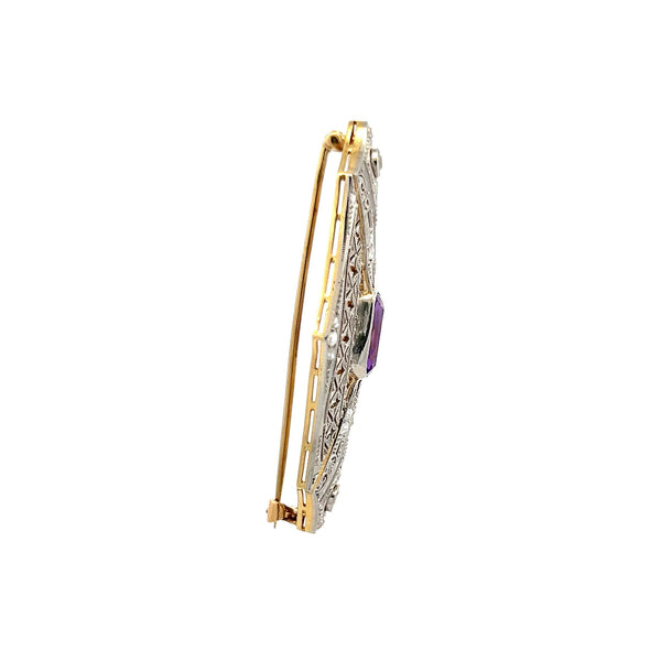 2.50 Carat Amethysts 0.35 Carat Old European Cut Diamond Platinum Pin Brooch