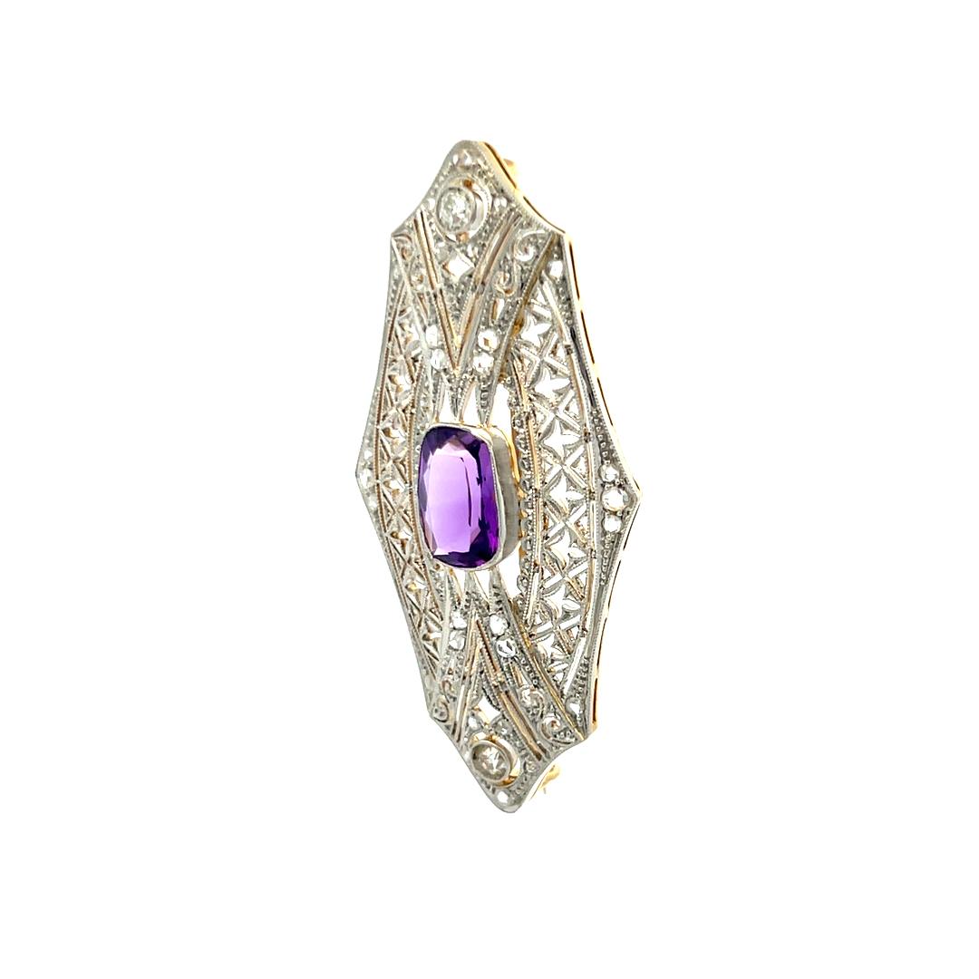 2.50 Carat Amethysts 0.35 Carat Old European Cut Diamond Platinum Pin Brooch