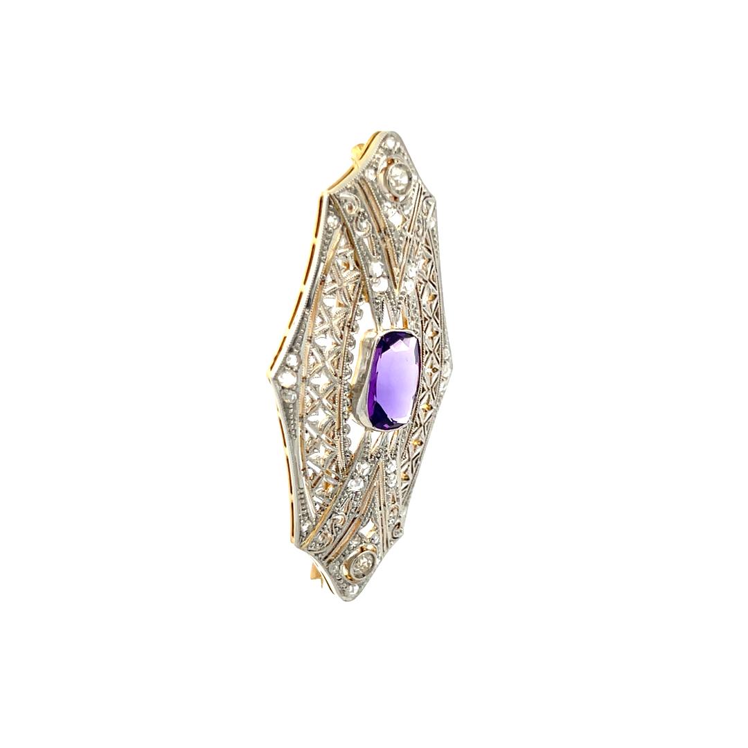2.50 Carat Amethysts 0.35 Carat Old European Cut Diamond Platinum Pin Brooch