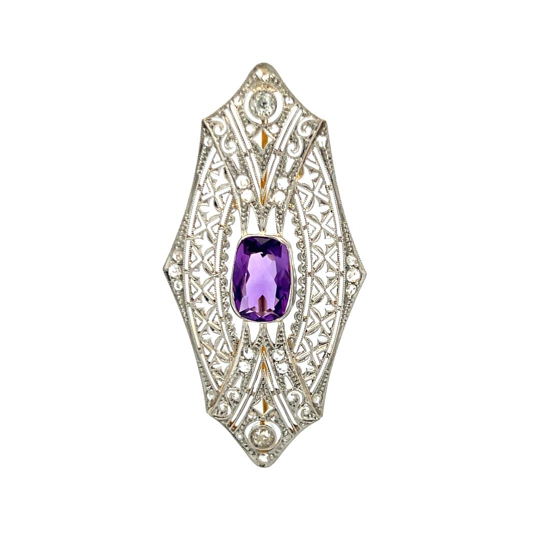 2.50 Carat Amethysts 0.35 Carat Old European Cut Diamond Platinum Pin Brooch