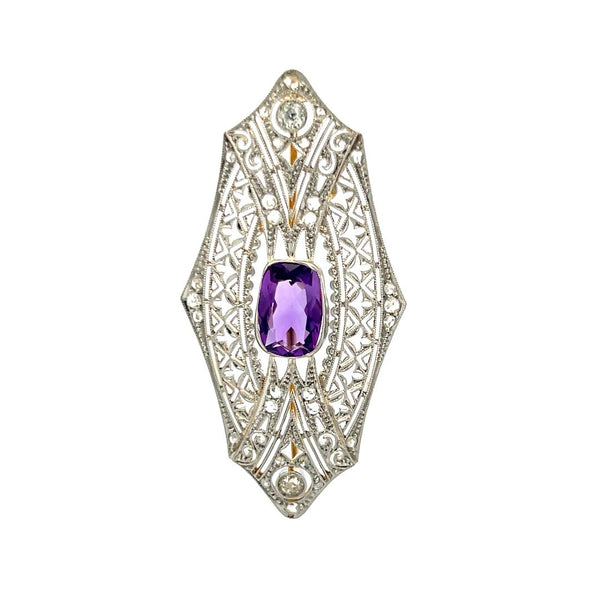 2.50 Carat Amethysts 0.35 Carat Old European Cut Diamond Platinum Pin Brooch