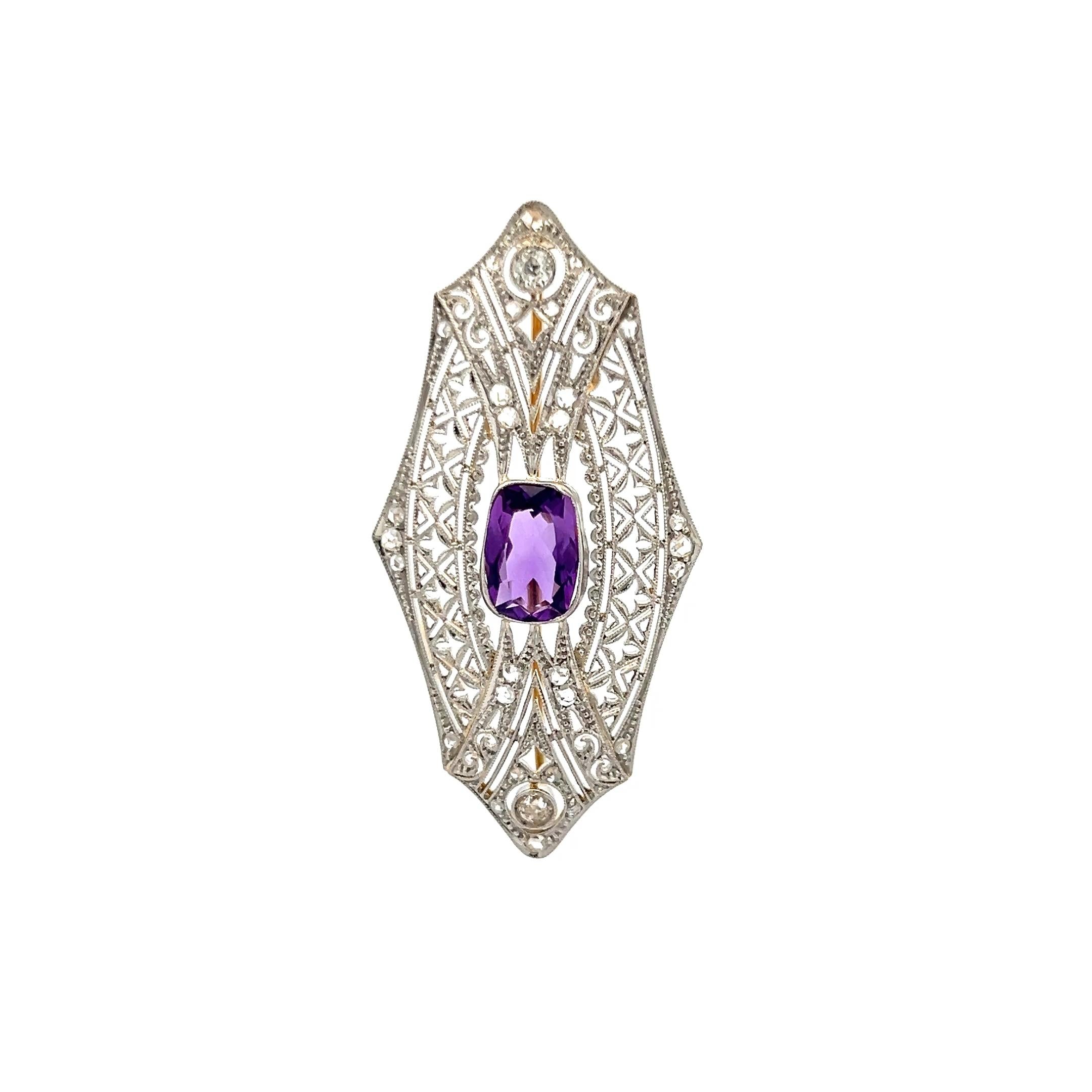 2.50 Carat Amethysts 0.35 Carat Old European Cut Diamond Platinum Pin Brooch