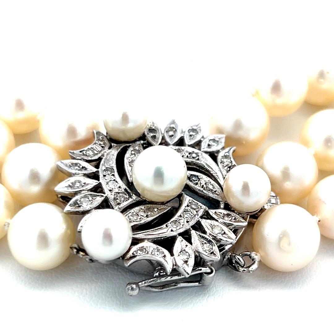 5.9-9.00MM Pearl 0.45 Carat Round Brilliant Diamond 14K WG Choker Necklace