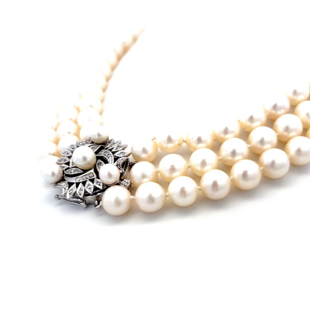 14K WG Choker Necklace with 0.45 Carat Round H SI Diamonds and 5.9-9.00mm Pearls