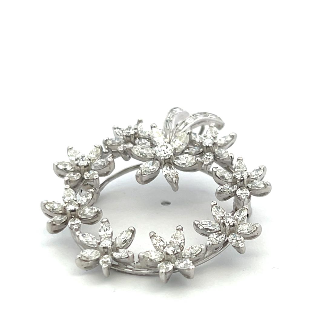 3.64 Carat Marquis Round Brilliant and Baguette Diamond Platinum Pin Brooch