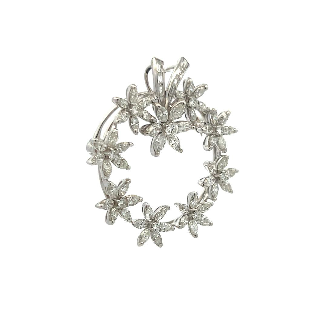 3.64 Carat Marquis Round Brilliant and Baguette Diamond Platinum Pin Brooch