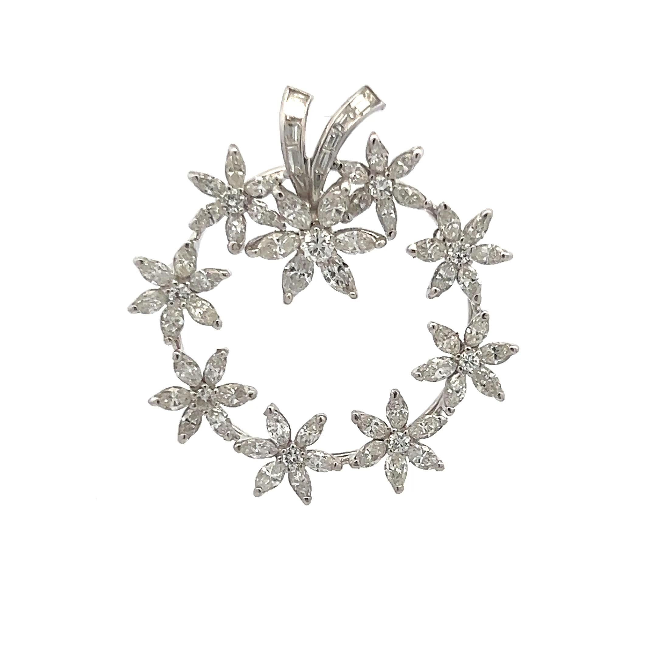 3.64 Carat Marquis Round Brilliant and Baguette Diamond Platinum Pin Brooch