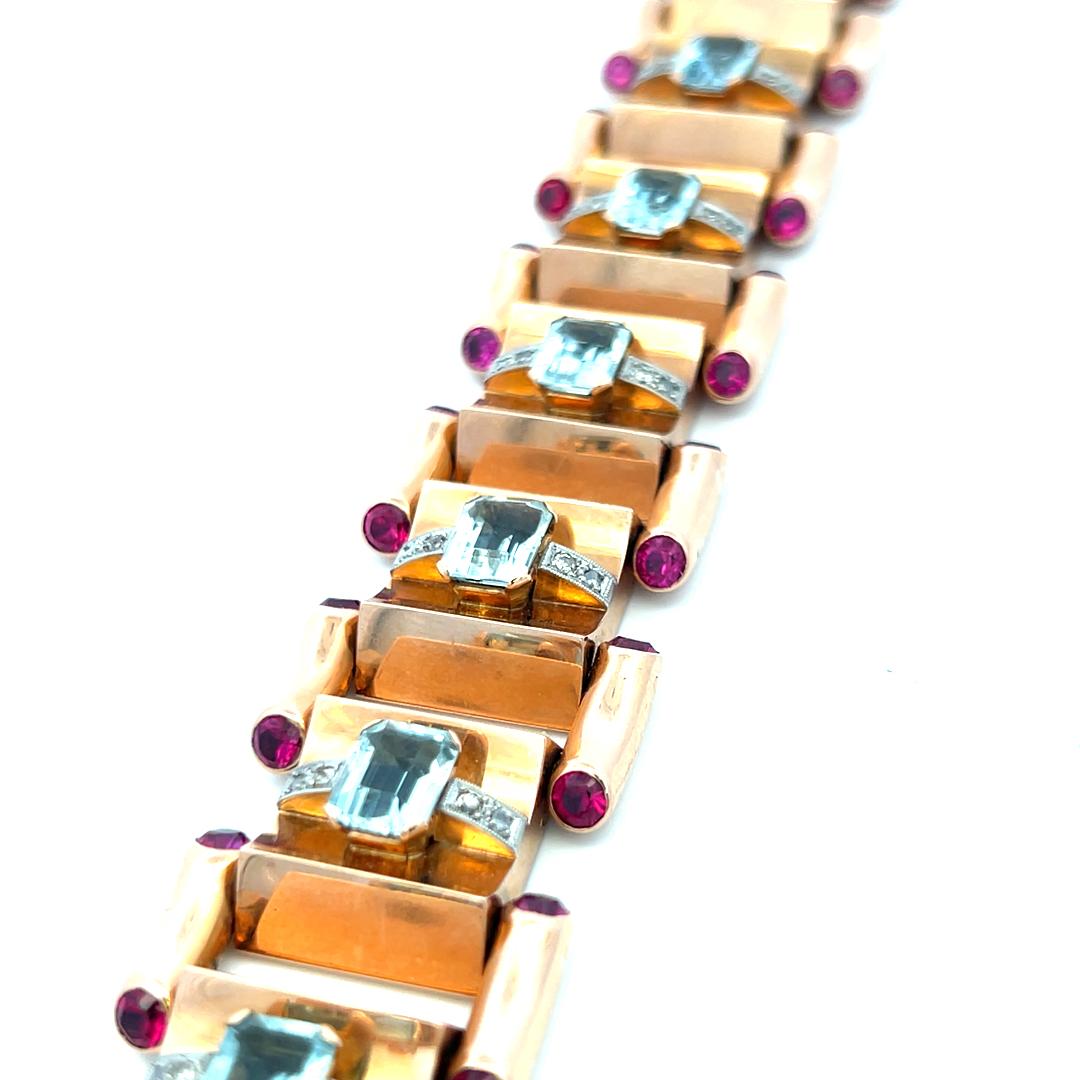 16.00 Carat Aqua 5.00 Carat Ruby 0.28 Cara Diamond 18K Rose Gold Link Bracelet