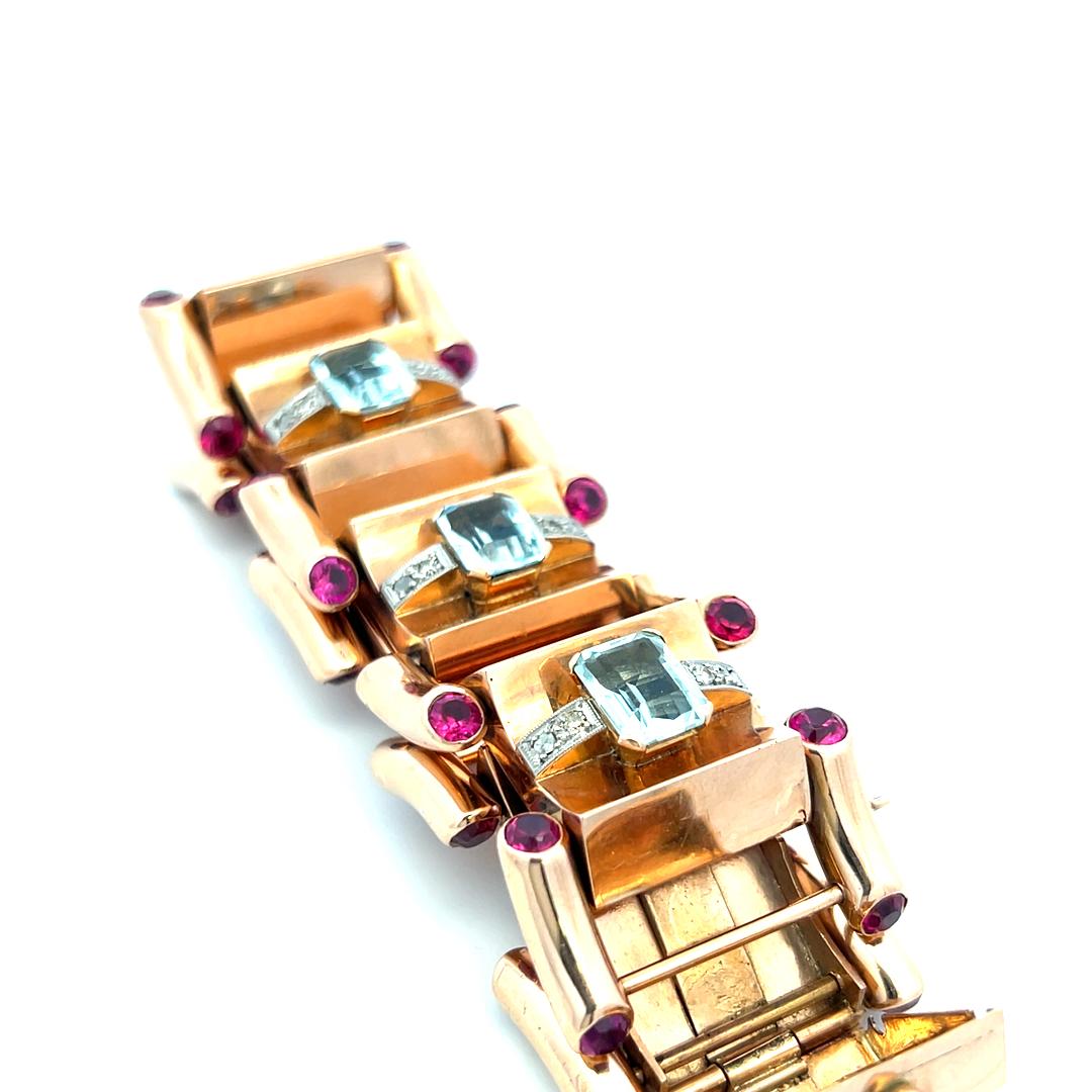 16.00 Carat Aqua 5.00 Carat Ruby 0.28 Cara Diamond 18K Rose Gold Link Bracelet