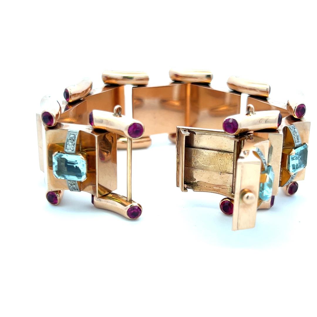 16.00 Carat Aqua 5.00 Carat Ruby 0.28 Cara Diamond 18K Rose Gold Link Bracelet