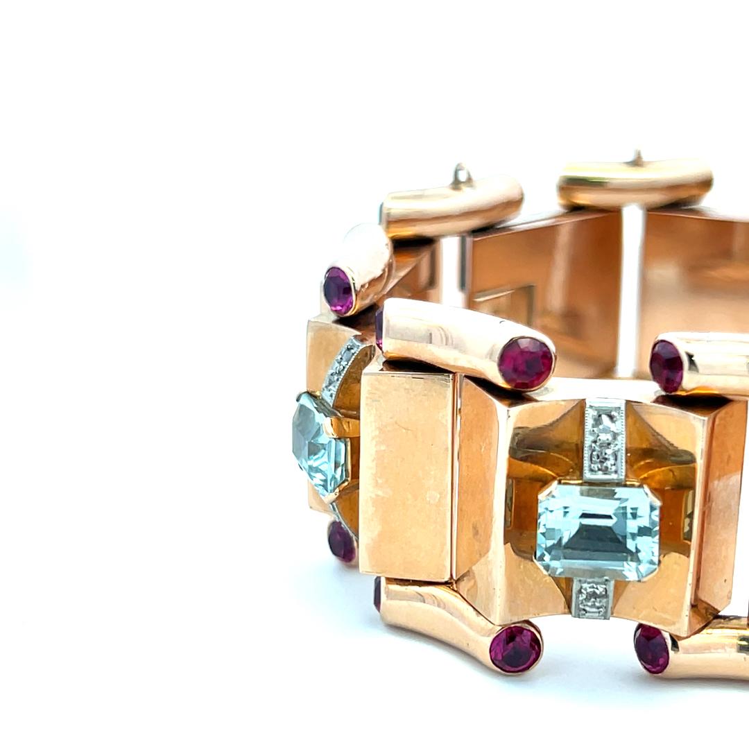 16.00 Carat Aqua 5.00 Carat Ruby 0.28 Cara Diamond 18K Rose Gold Link Bracelet