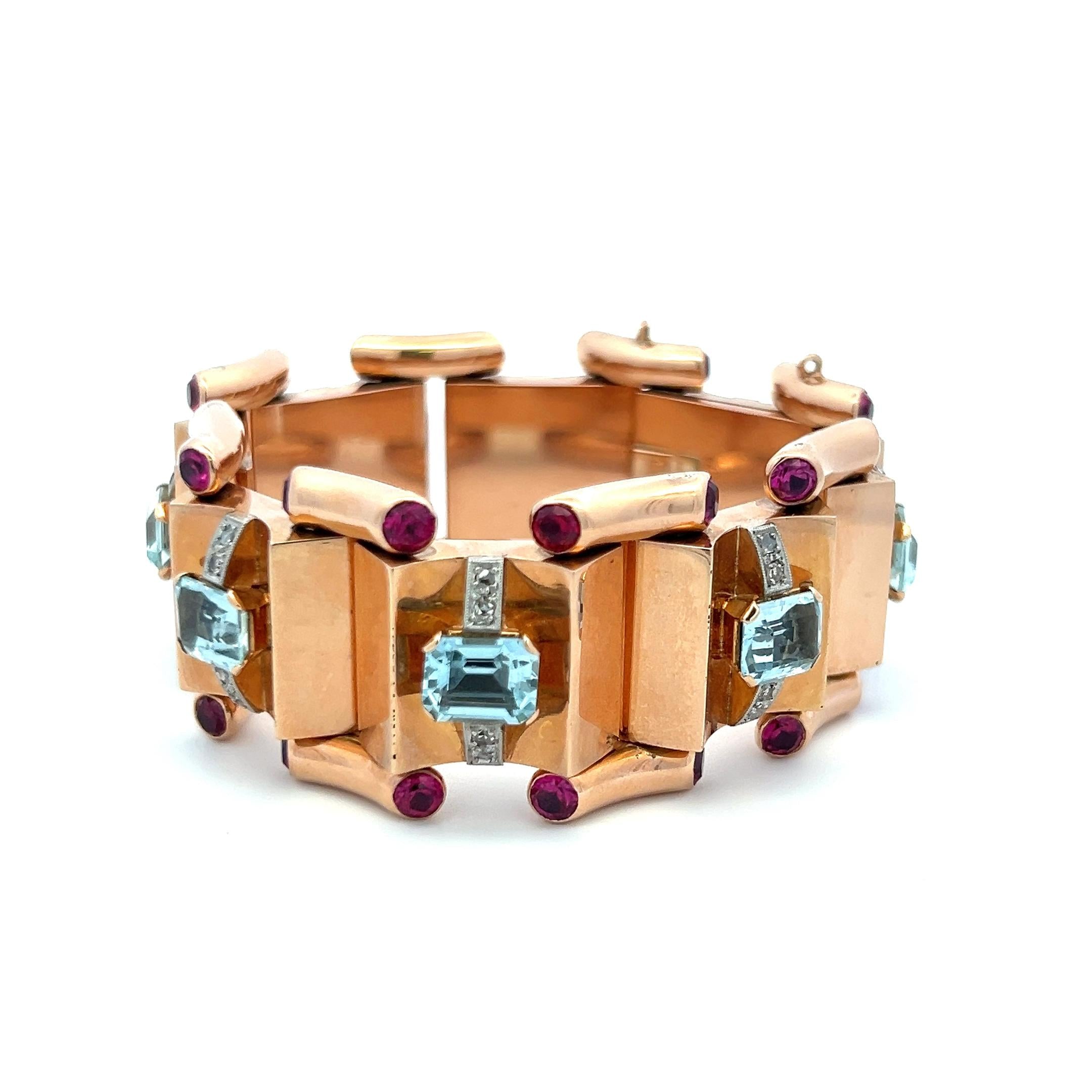16.00 Carat Aqua 5.00 Carat Ruby 0.28 Cara Diamond 18K Rose Gold Link Bracelet
