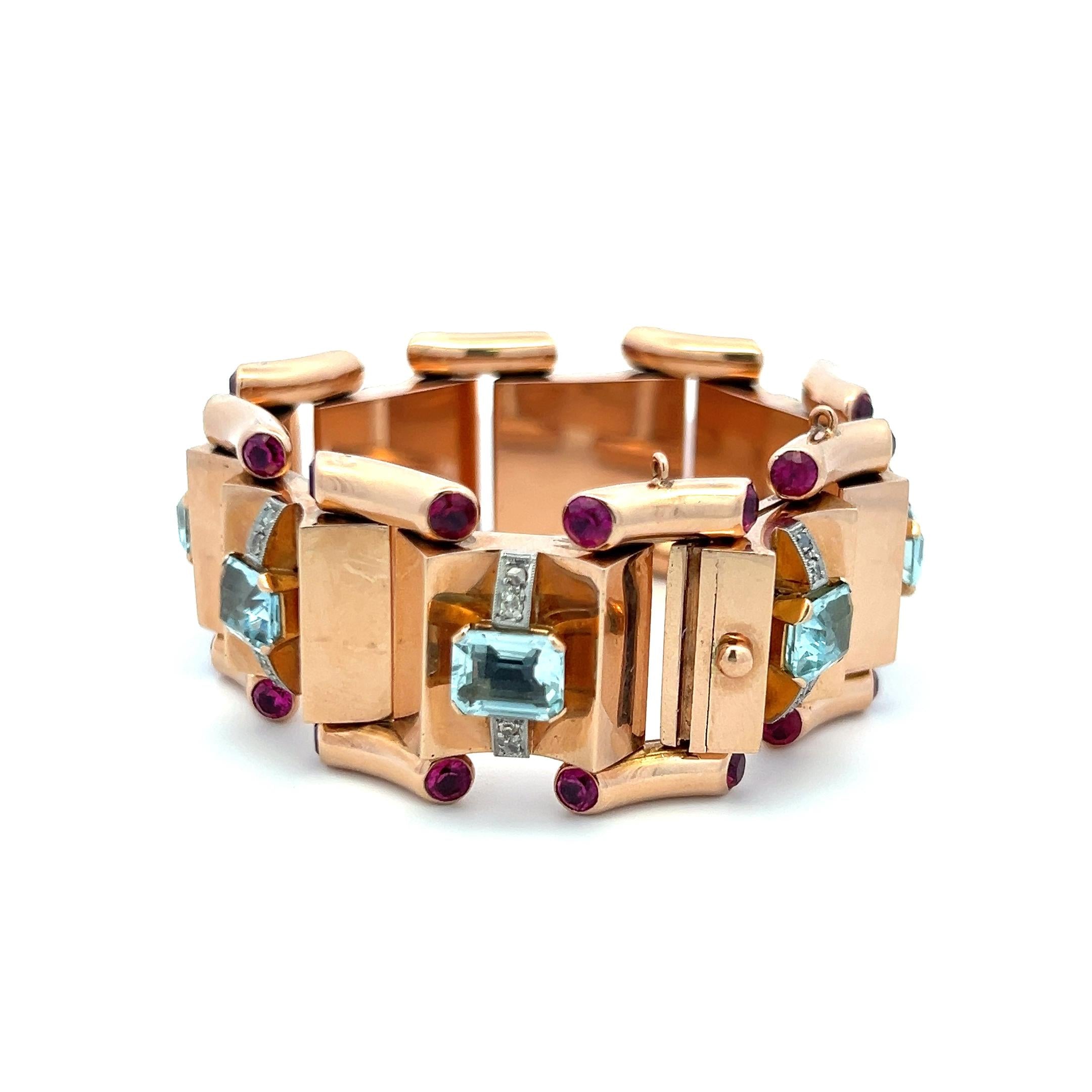16.00 Carat Aqua 5.00 Carat Ruby 0.28 Cara Diamond 18K Rose Gold Link Bracelet