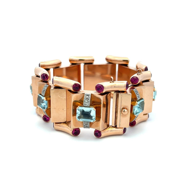 16.00 Carat Aqua 5.00 Carat Ruby 0.28 Cara Diamond 18K Rose Gold Link Bracelet