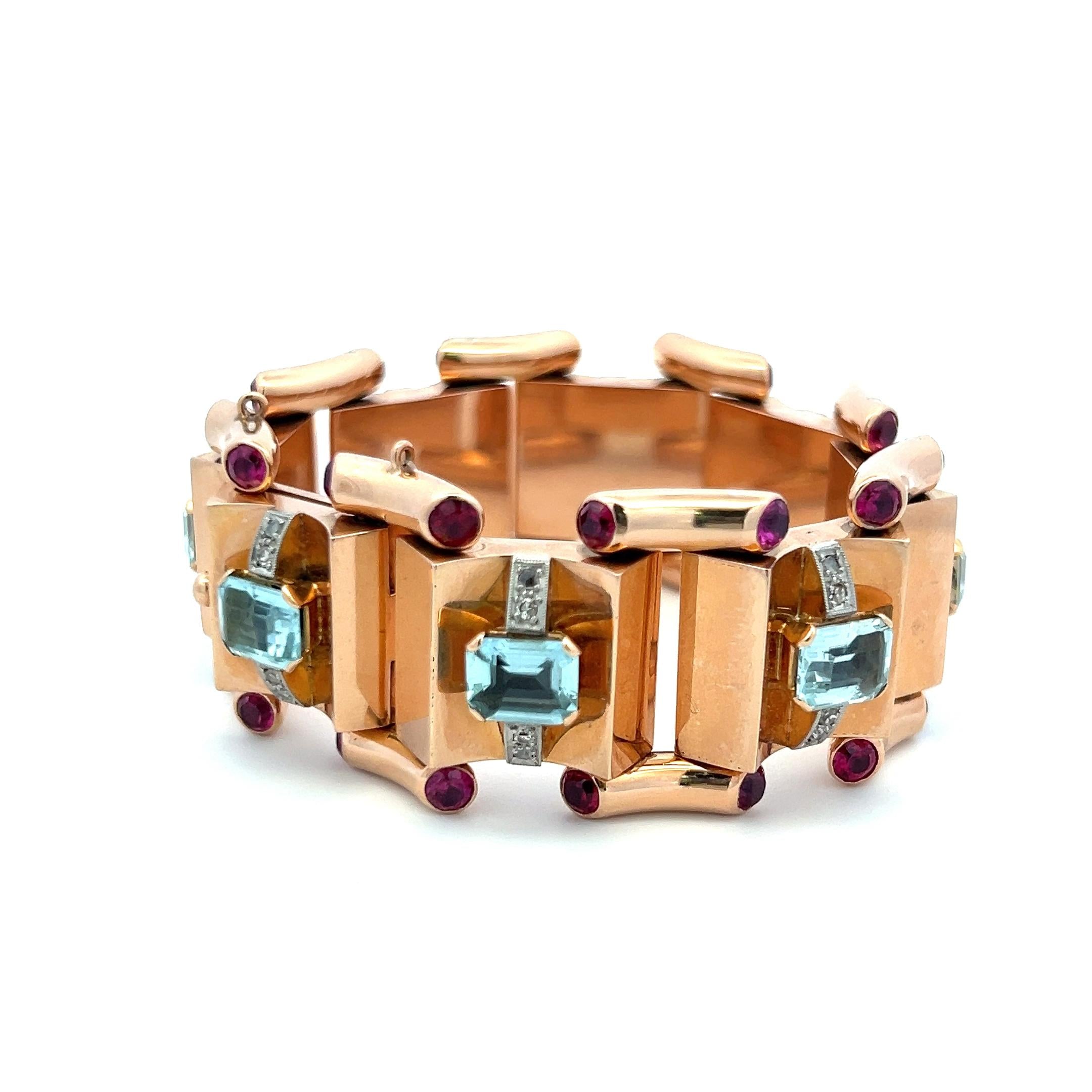 16.00 Carat Aqua 5.00 Carat Ruby 0.28 Cara Diamond 18K Rose Gold Link Bracelet