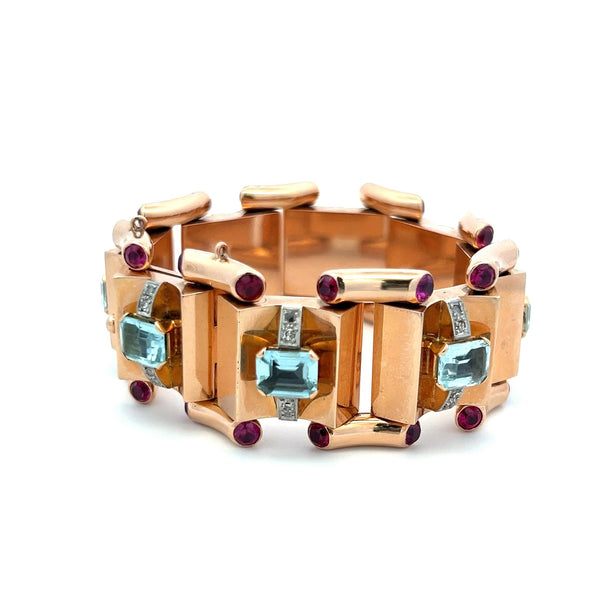 16.00 Carat Aqua 5.00 Carat Ruby 0.28 Cara Diamond 18K Rose Gold Link Bracelet