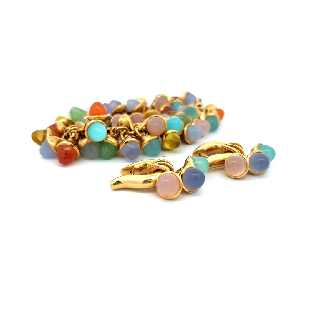 18K Yellow Gold Link Bracelet & Earrings Set with 7.8-9.1 MM Multi Gemstones