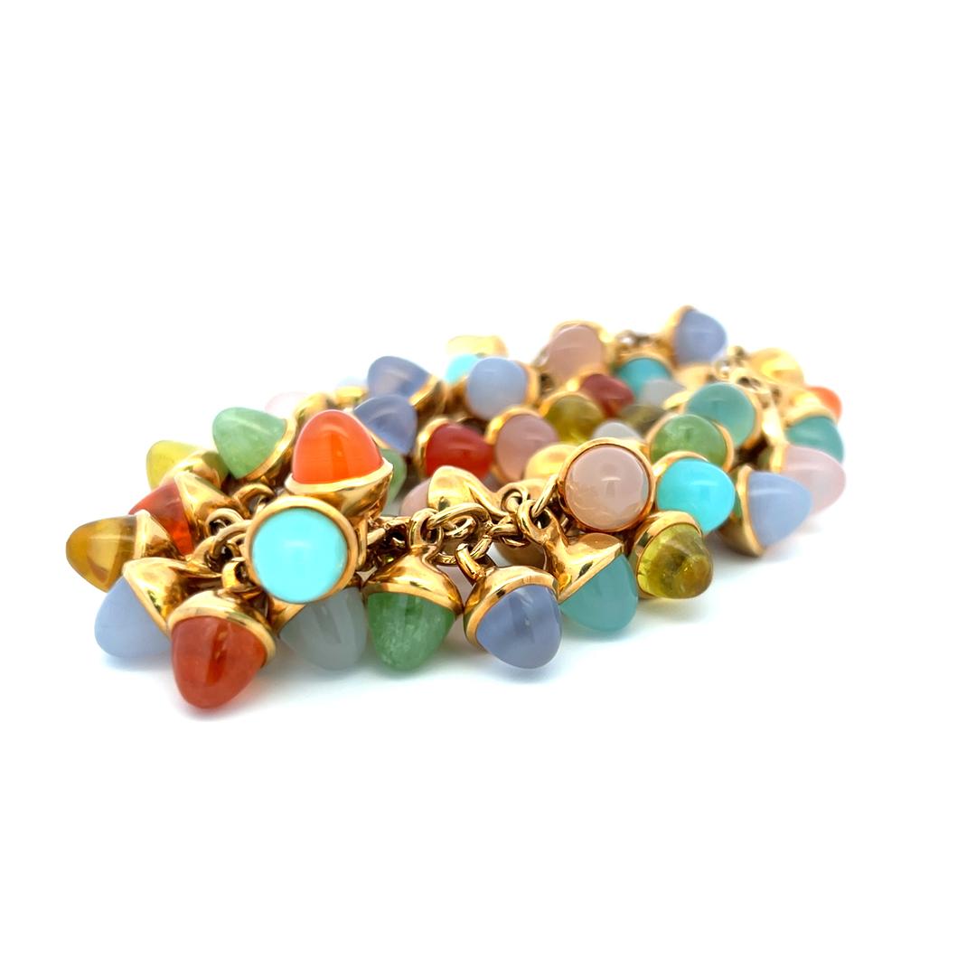 18K Yellow Gold Link Bracelet & Earrings Set with 7.8-9.1 MM Multi Gemstones