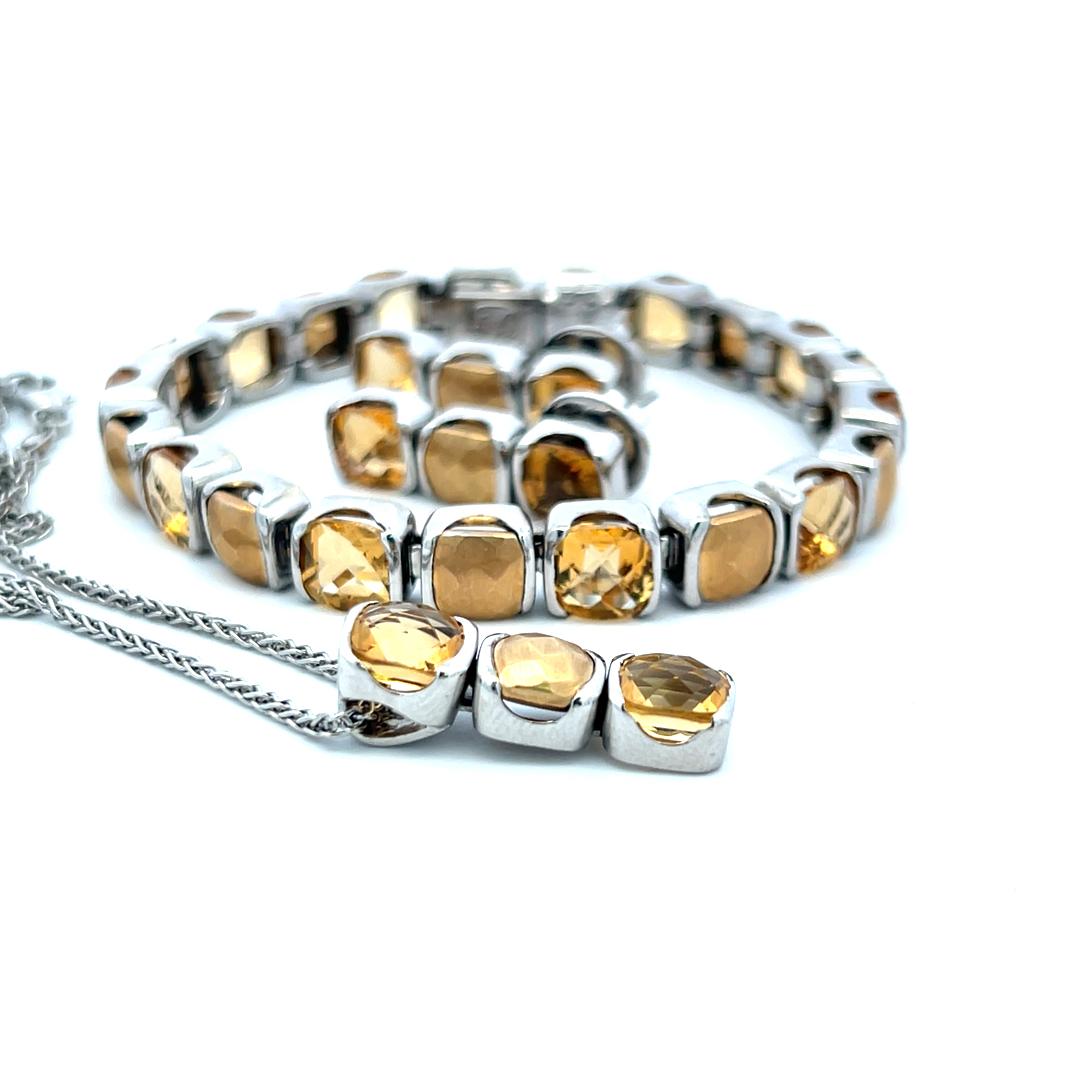 30.00 Carat Citrine 18 Karat White Gold Tennis Bracelet Earrings and Necklace