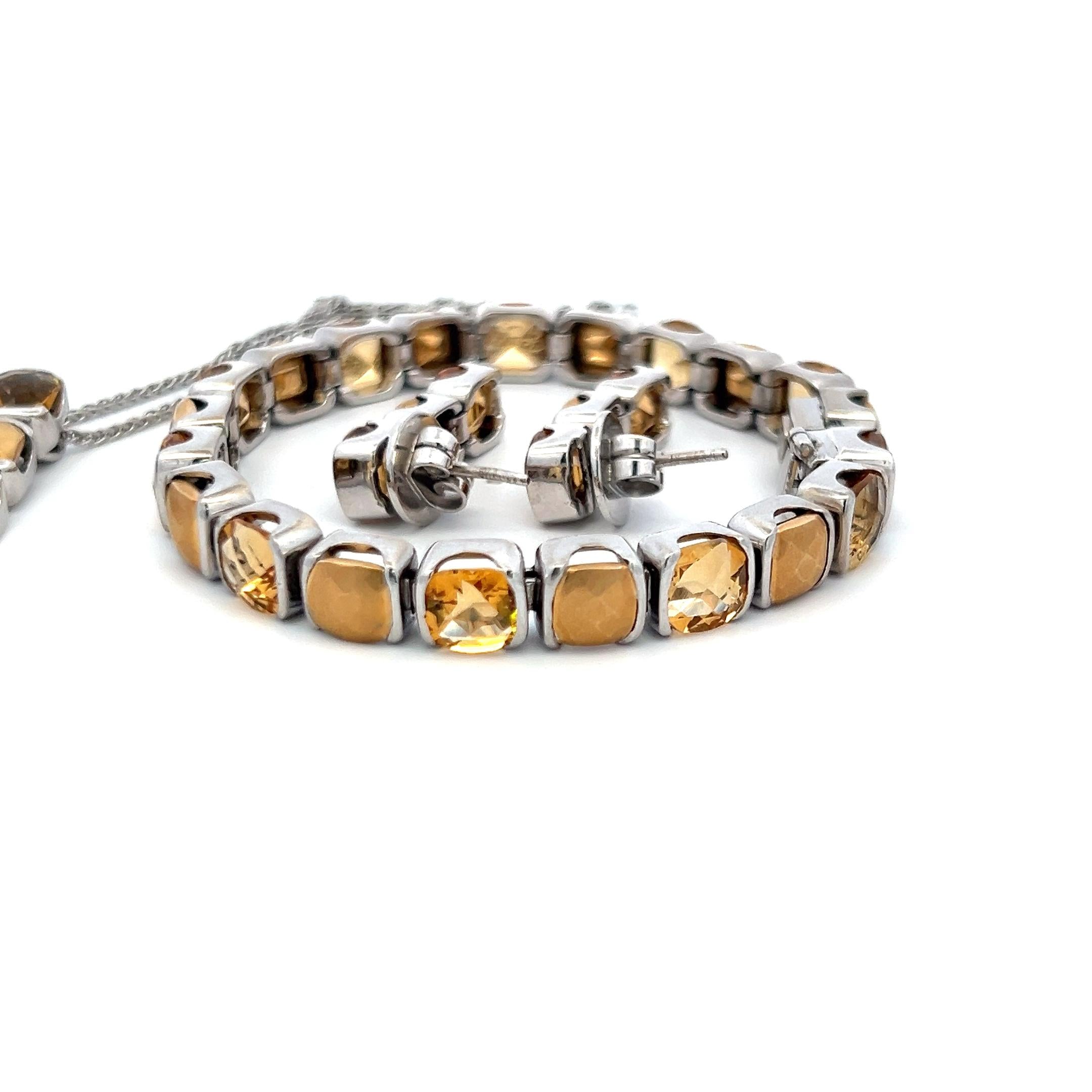 30.00 Carat Citrine 18 Karat White Gold Tennis Bracelet Earrings and Necklace