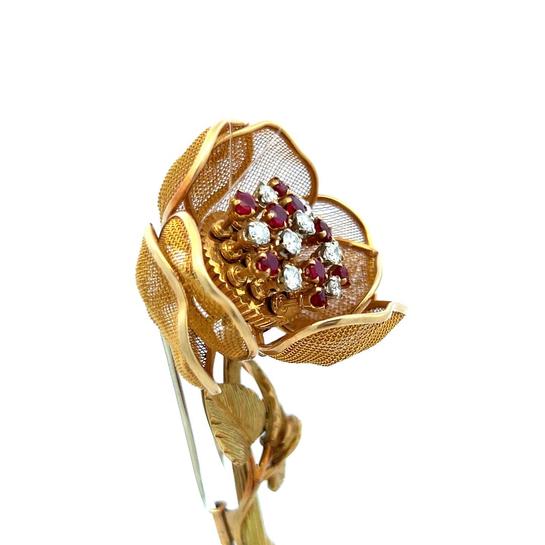 0.50 Carat Ruby 0.46 Carat Round Brilliant H SI Diamond 18K YG Pin Brooch