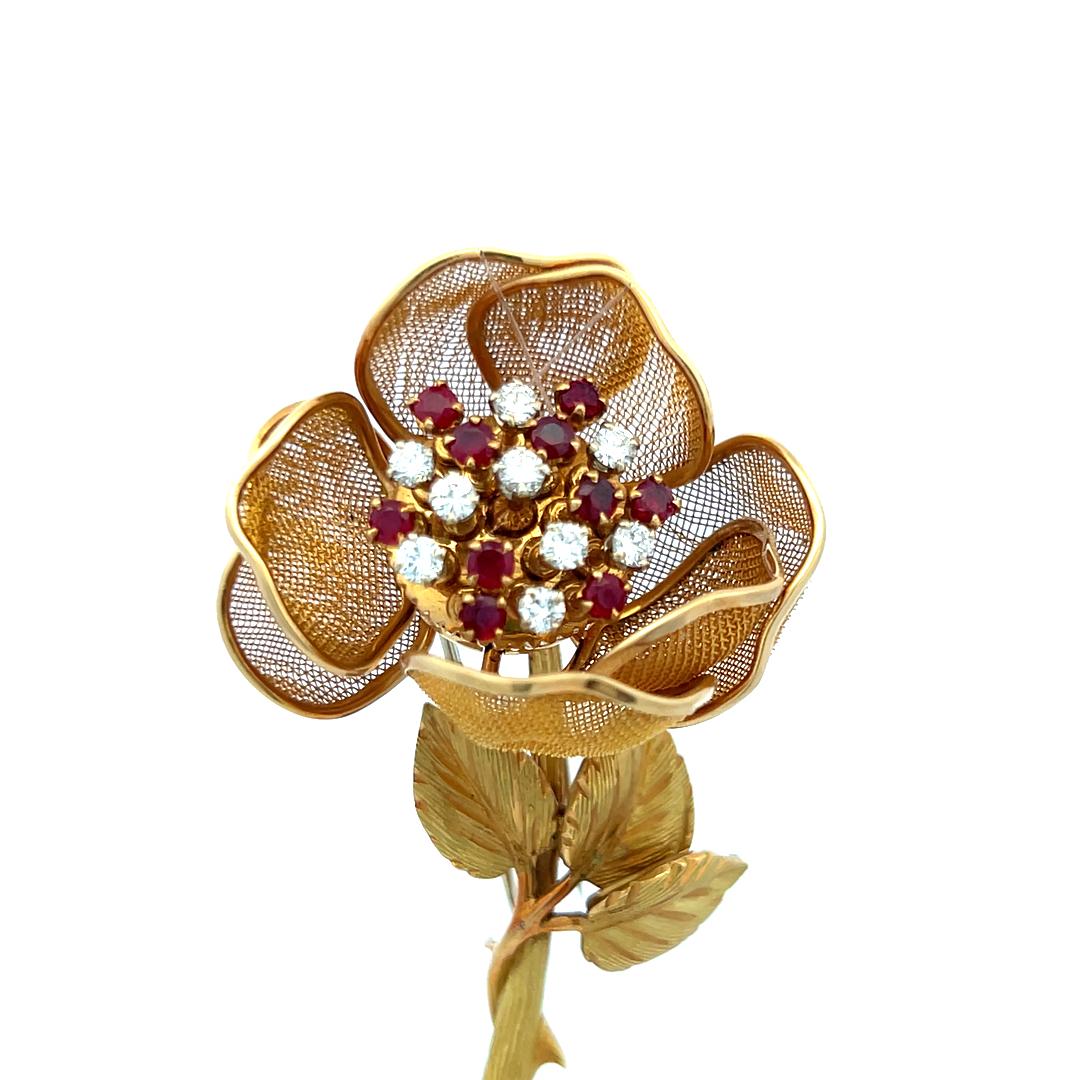 0.50 Carat Ruby 0.46 Carat Round Brilliant H SI Diamond 18K YG Pin Brooch