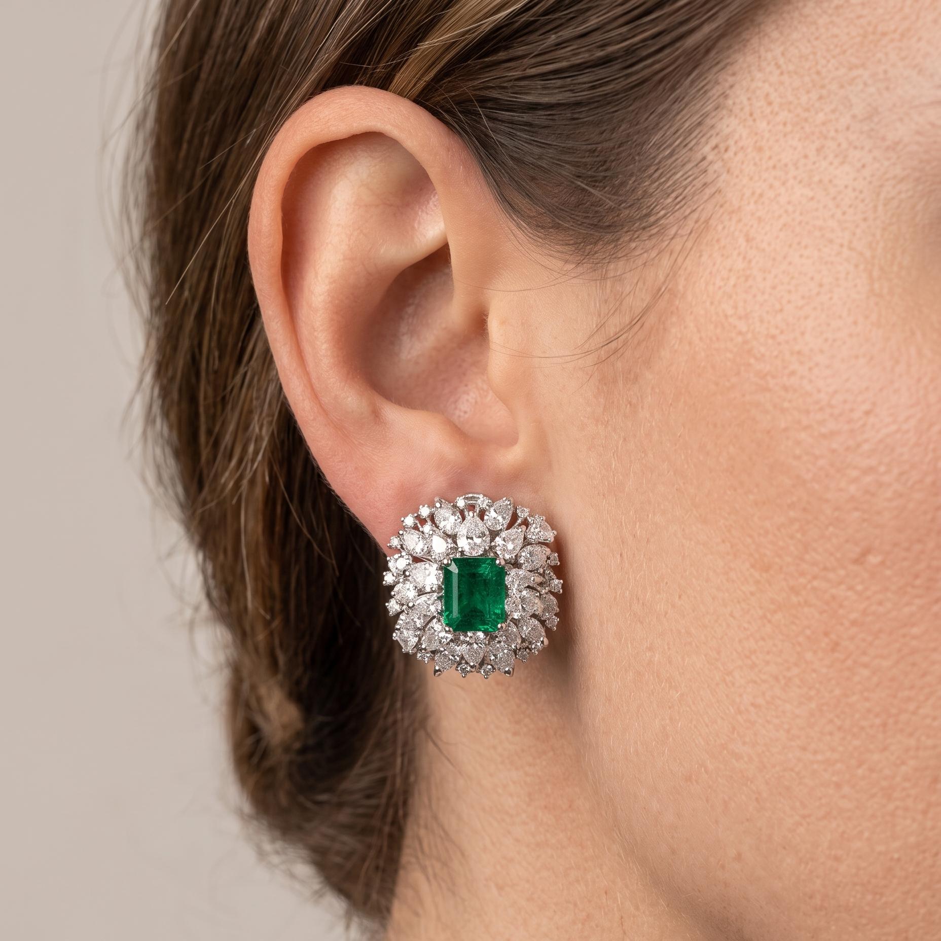 Vintage White Gold Clip On Earrings with 6.42ct Mixed Diamonds & 7.4ct Emerald