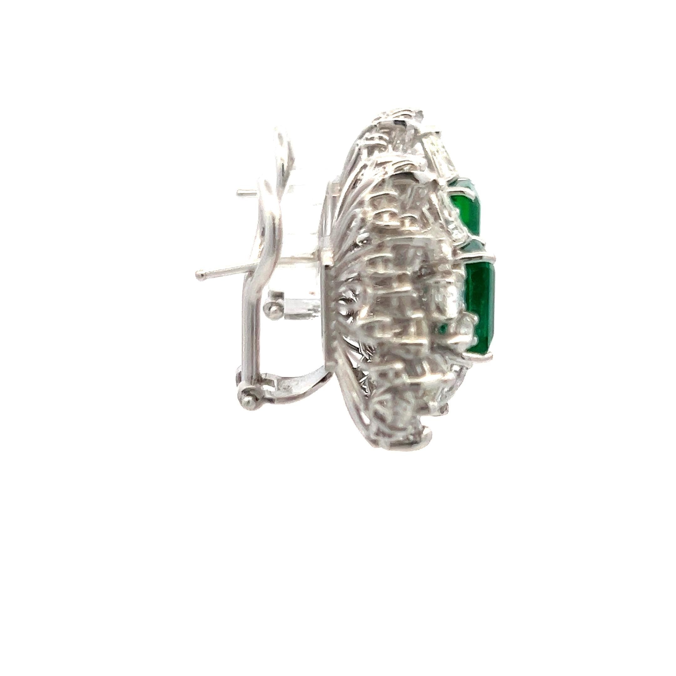 7.40 Carat Emerald Cut Emerald 6.42 Carat X Diamond White Gold Clip On Earrings