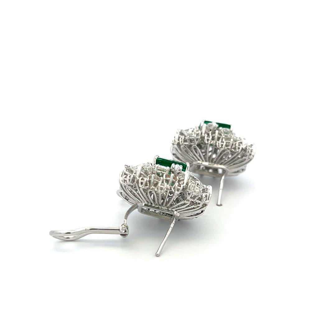 Vintage White Gold Clip On Earrings with 6.42ct Mixed Diamonds & 7.4ct Emerald