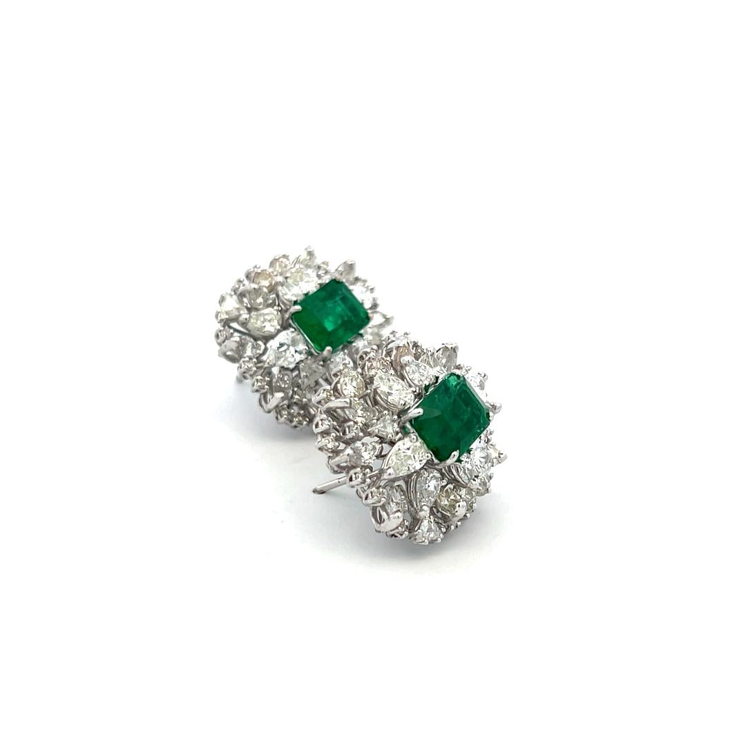 7.40 Carat Emerald Cut Emerald 6.42 Carat X Diamond White Gold Clip On Earrings