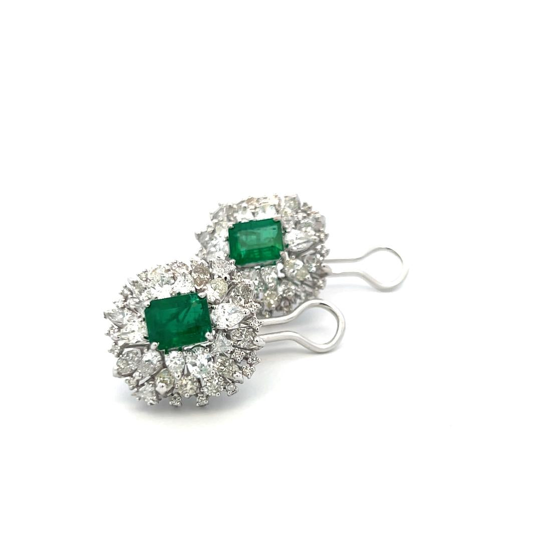 7.40 Carat Emerald Cut Emerald 6.42 Carat X Diamond White Gold Clip On Earrings