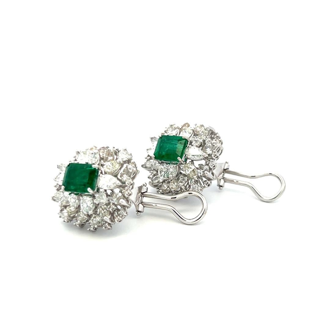 Vintage White Gold Clip On Earrings with 6.42ct Mixed Diamonds & 7.4ct Emerald