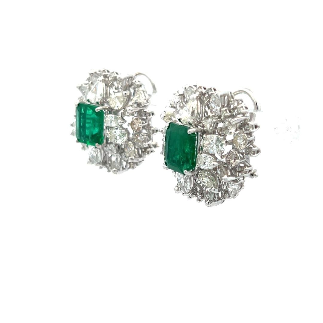 Vintage White Gold Clip On Earrings with 6.42ct Mixed Diamonds & 7.4ct Emerald